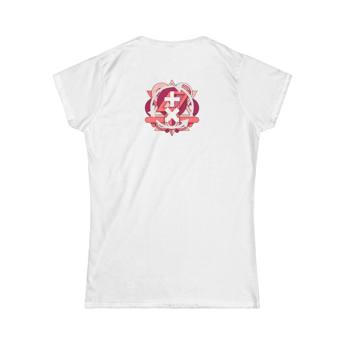 Women's Tee — Pink Geometric Heart & Anchor Crest Graphic